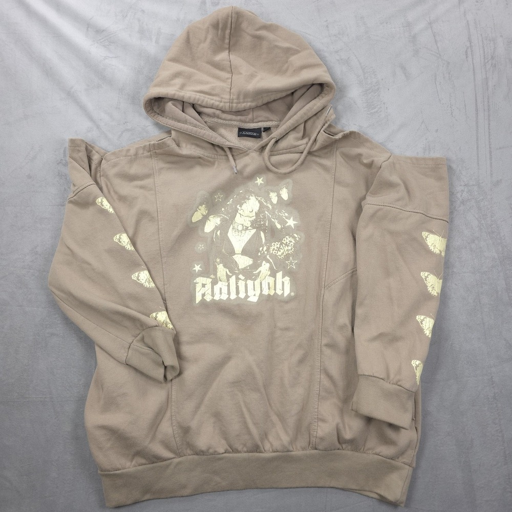 Aaliyah Cold Shoulder Hoodie Womens 1X Tan Graphic Y2K Streetwear Butterfly